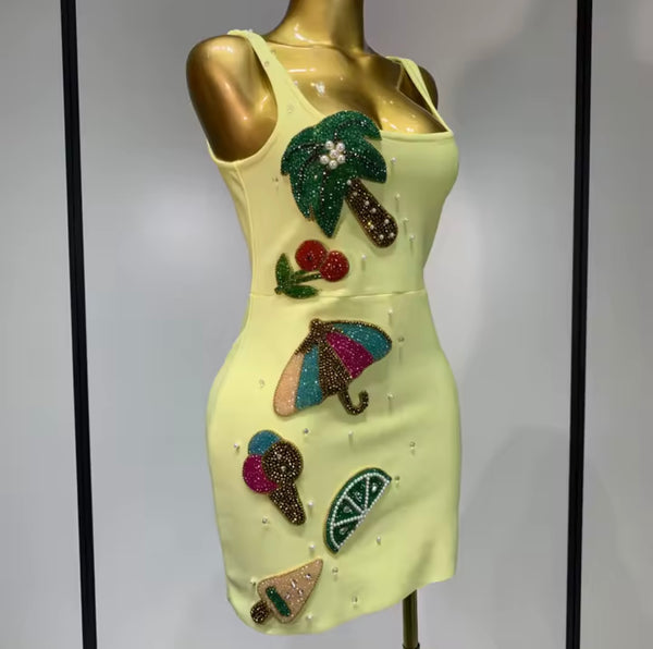 Women Sexy Sleeveless Yellow Beaded Rhinestone Dress