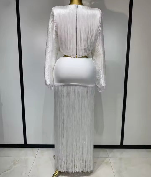 Women White Sexy Fringe Tassel Full Sleeve Two Piece Skirt Set