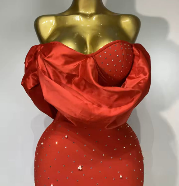Women Red Sexy Strapless Pearl Rhinestone Maxi Dress