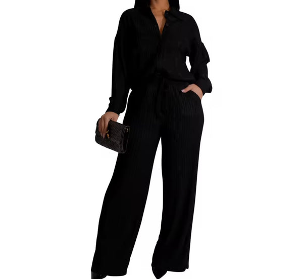 Women Button Up Full Sleeve Ribbed Two Piece Pant Set