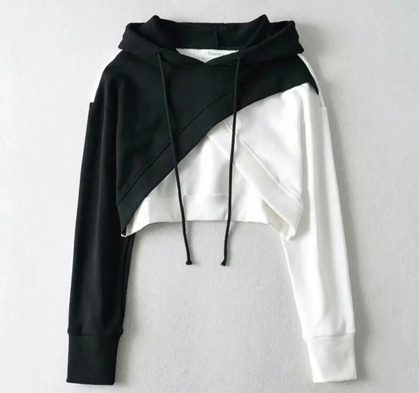 Women Fashion Color Patchwork Hooded Crop Top