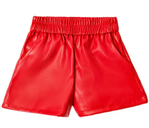 Women Fashion Color Elastic Waist Faux Leather Shorts
