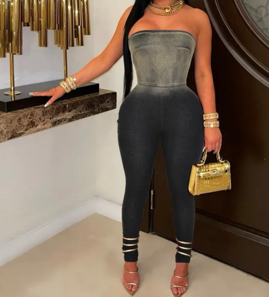 Women Sexy Fashion Strapless Denim Jumpsuit