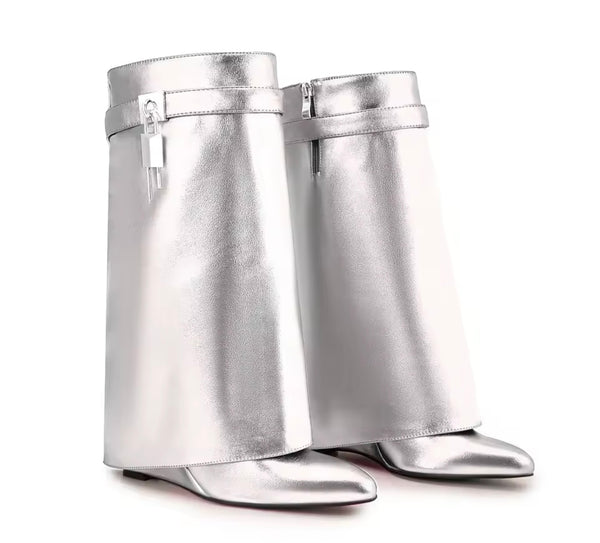 Women Fashion Color Metallic Buckled Lock Wedge Boots