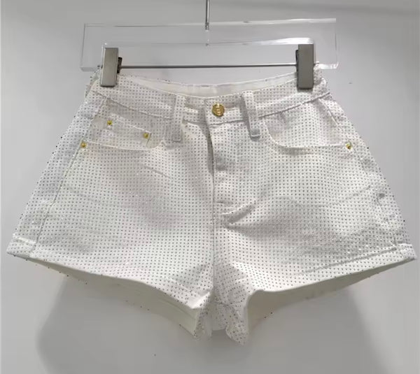 Women Fashion High Waist Bling Rhinestone Denim Shorts