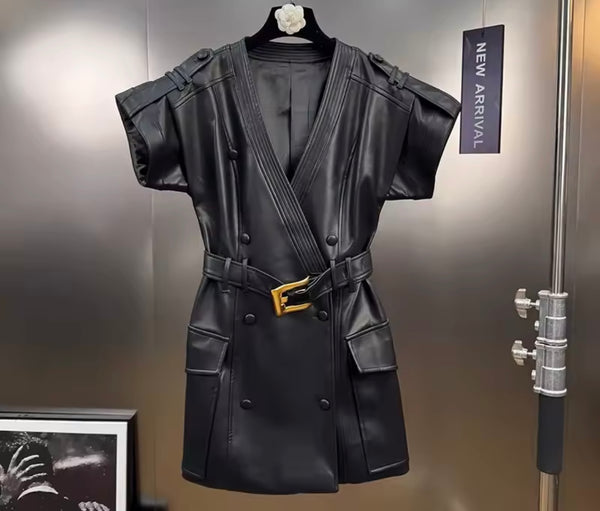 Women Black Short Sleeve Faux Leather Fashion Dress