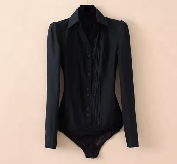 Women Fashion Button Up Full Sleeve Collar Bodysuit Top