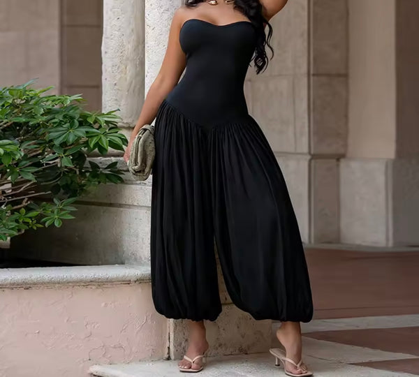Women Strapless Fashion Pleated Jumpsuit