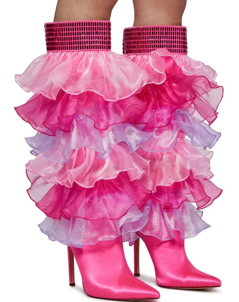 Women Pointed Toe Ruffled Mesh Sequins Knee High Boots