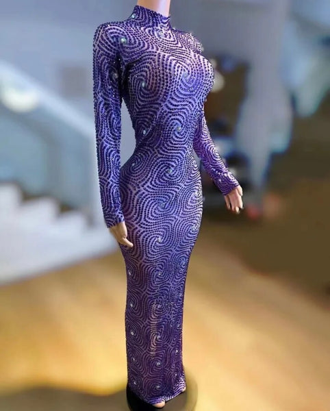 Women Sexy Bling Rhinestone Full Sleeve Mesh Maxi Dress