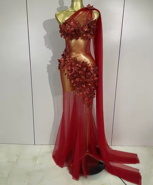 Women Sexy One Shoulder Sleeveless 3D Floral Mesh Maxi Dress