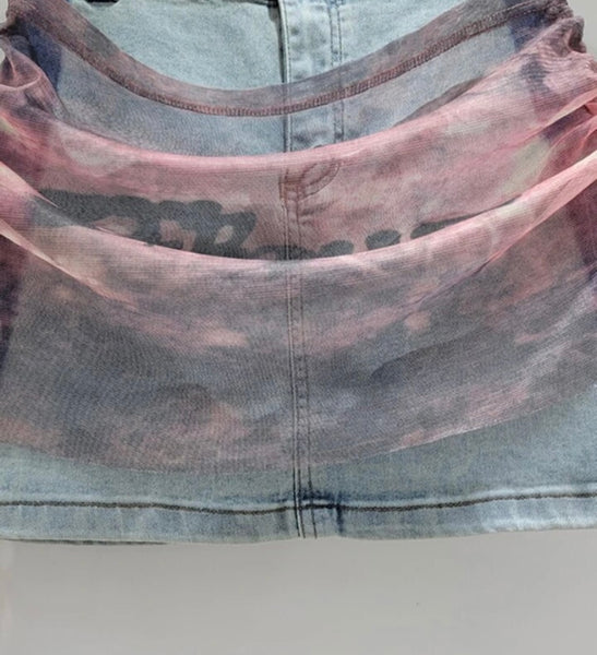 Women Fashion Color Patchwork Mesh Denim Skirt