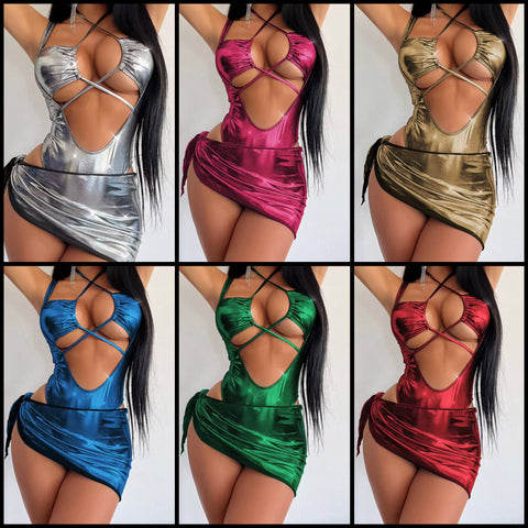 Women Sexy Color Metallic Swimsuit Cover Up Set