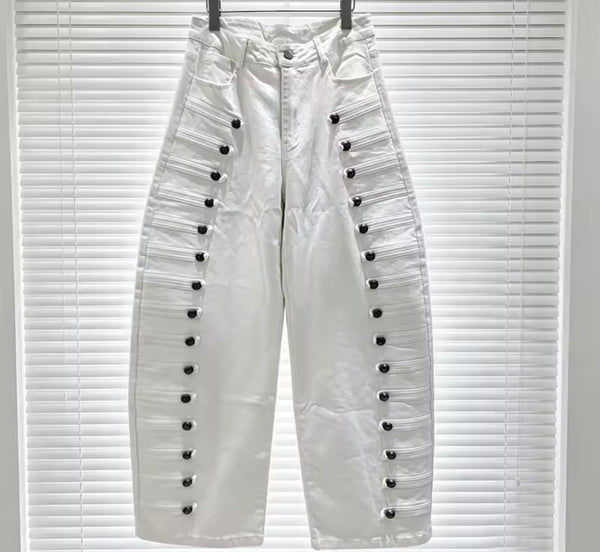 Women Fashion Metal Button Patchwork Denim Pants
