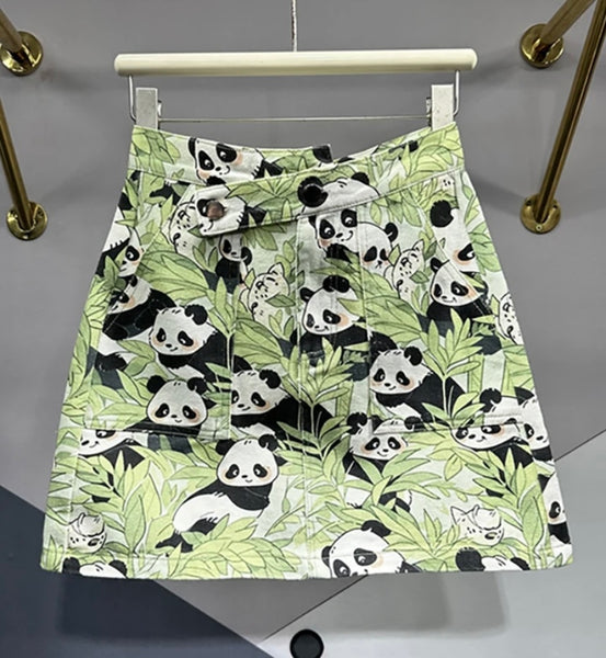 Women Fashion Panda Print Denim Short Skirt