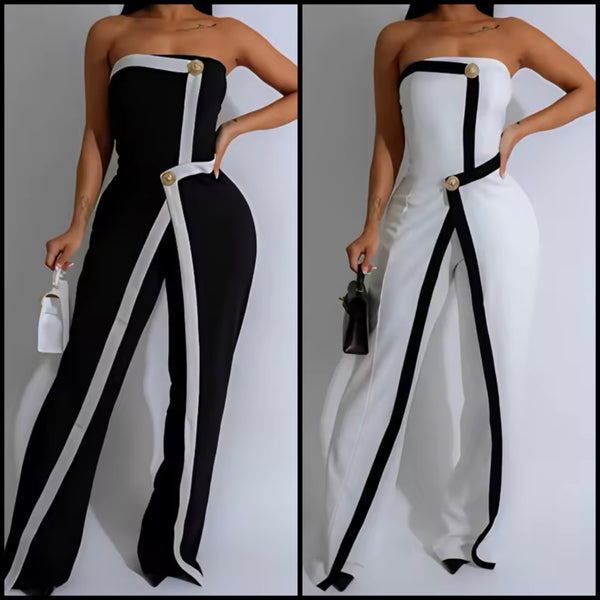 Women Sexy Strapless B&W Striped Button Jumpsuit