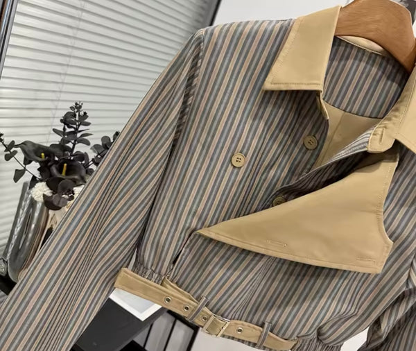 Women Fashion Striped Double Breasted Buckle Jacket