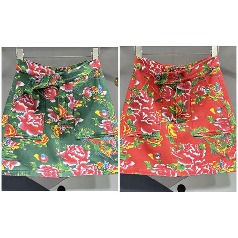 Women Sexy Fashion Green/Orange Floral Denim Short Skirt
