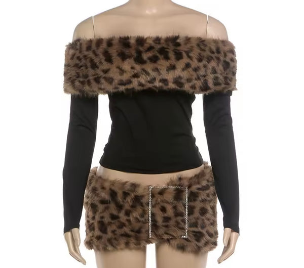 Women Leopard Faux Fur Full Sleeve Two Piece Buckle Skirt Set