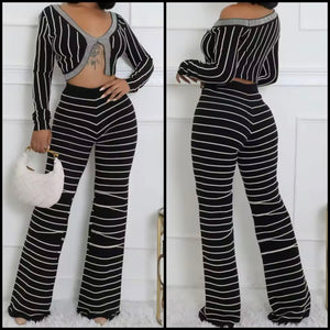 Women B&W Striped Fashion Full Sleeve Two Piece Pant Set