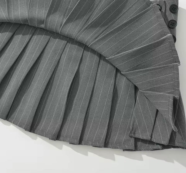 Women Sexy Striped Full Sleeve Bodysuit Two Piece Pleated Skirt Set