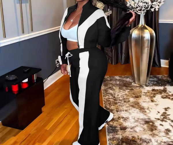 Women Fashion Zip Up Striped Tracksuit Two Piece Pant Set