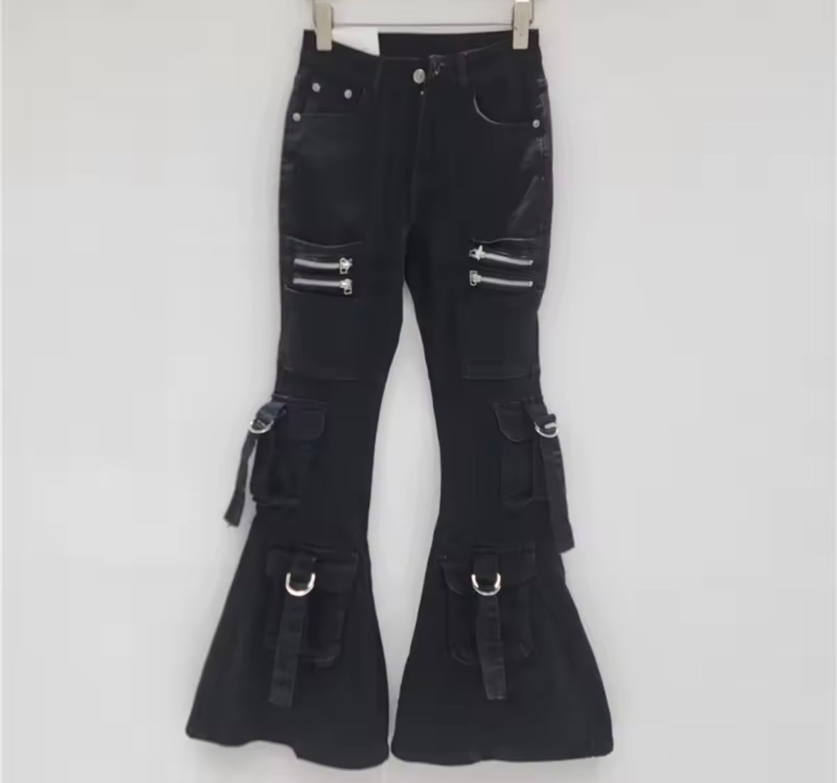 Women Fashion Zipper Cargo Boot Cut Denim Pants