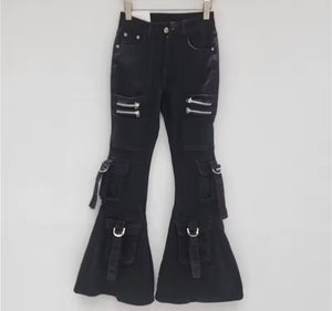 Women Fashion Zipper Cargo Boot Cut Denim Pants
