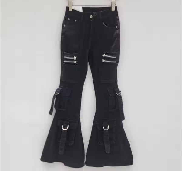 Women Fashion Zipper Cargo Boot Cut Denim Pants