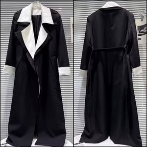 Women B&W Fashion Double Layer Turn Down Collar Trench Jacket