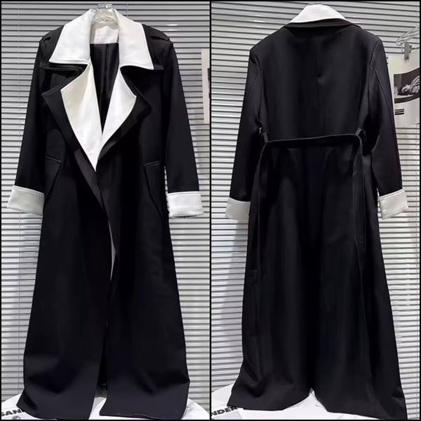 Women B&W Fashion Double Layer Turn Down Collar Trench Jacket