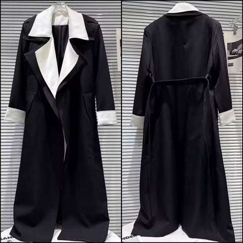 Women B&W Fashion Double Layer Turn Down Collar Trench Jacket