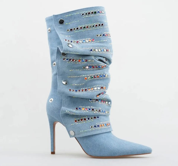 Women Fashion Button Color Rhinestone Denim Boots