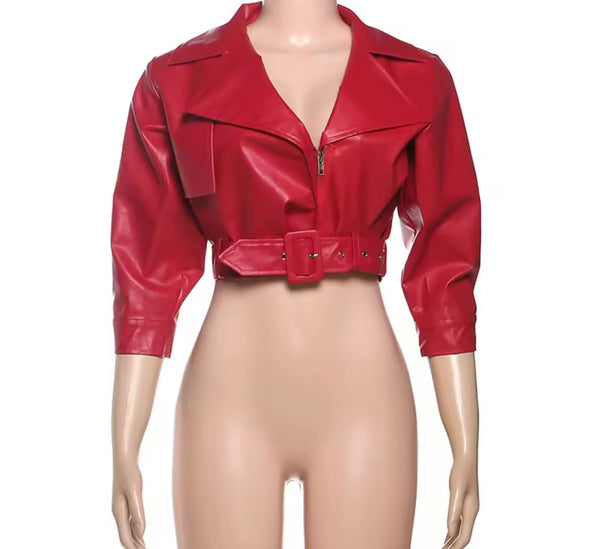 Women Color Fashion Zip Up Buckled Faux Leather Crop Jacket