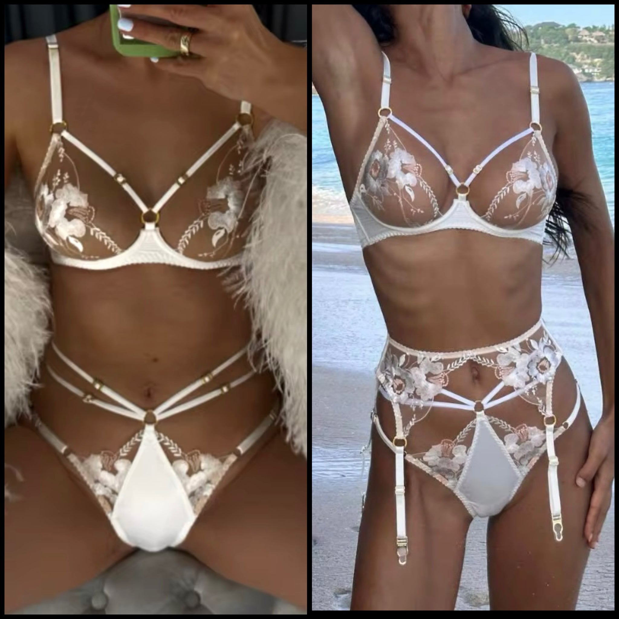 Women Sexy White Floral Lingerie Set