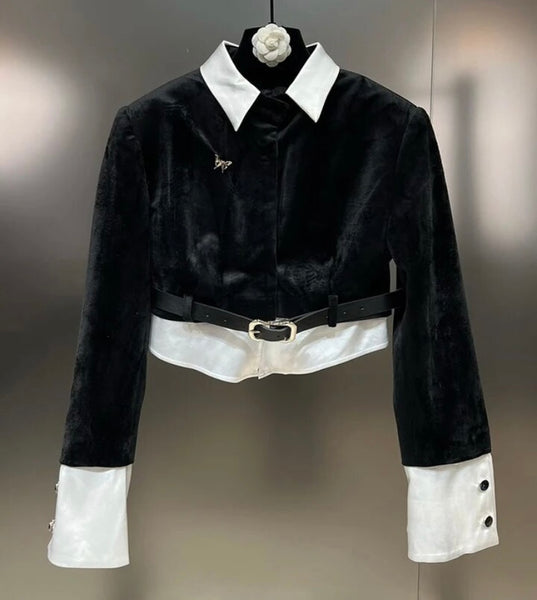 Women B&W Buckled Velour Two Piece Blazer Skirt Set