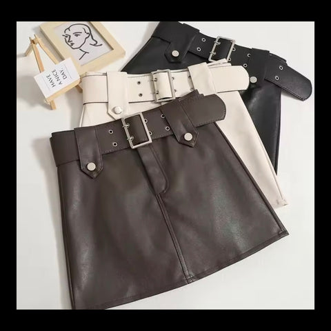 Women Color Fashion Faux Leather Belted Skirt