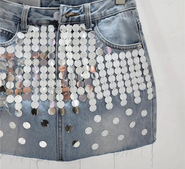 Women Fashion Silver Sequins Patchwork Denim Skirt