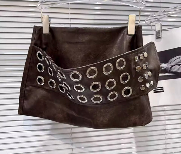 Women Sexy Fashion Metal Ring Belted Faux Leather Skirt