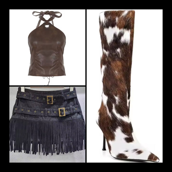 Women Fashion Buckled Fringe Tassel Denim Skirt