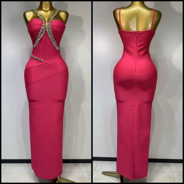 Women Pink Rhinestone Sexy Sleeveless Maxi Dress