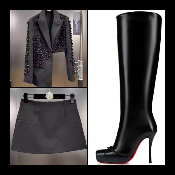 Women Fashion Asymmetrical Beaded Blazer Two Piece Skirt Set