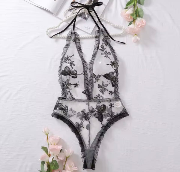 Women Sexy Nude Floral Mesh Halter Bodysuit Lingerie