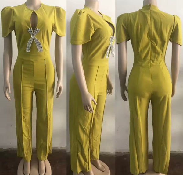 Women Fashion Bling Bow Short Sleeve Jumpsuit