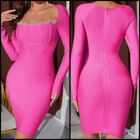 Women Sexy Pink Rhinestone Patchwork Full Sleeve Dress