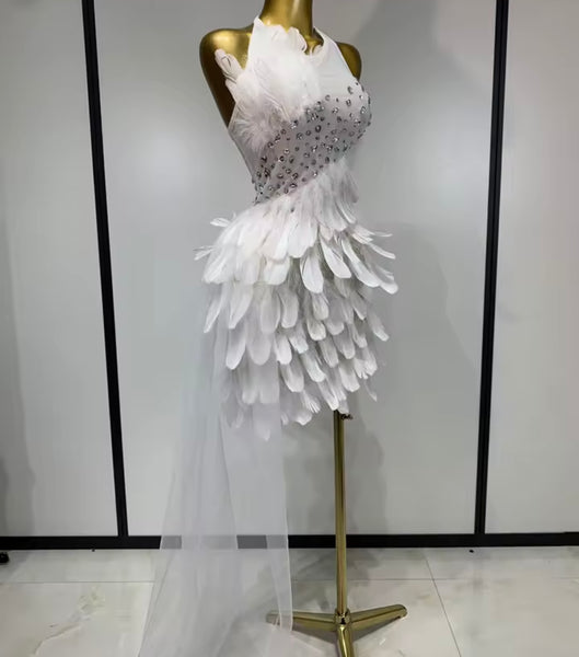 Women White Halter Sleeveless Rhinestone Feather Dress