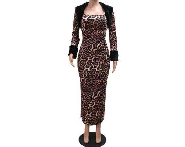 Women Sexy Leopard Faux Fur Full Sleeve Two Piece Maxi Dress