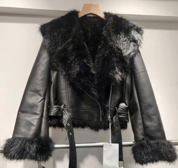 Women Fashion Warm Fur Faux Leather Jacket