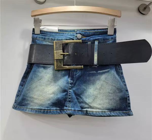 Women Fashion Color Belted Denim Skirt