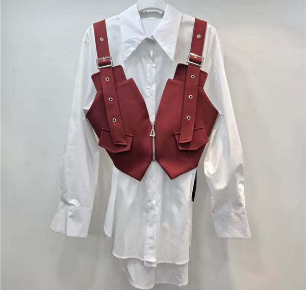 Women White Button Up Full Sleeve Two Piece Top